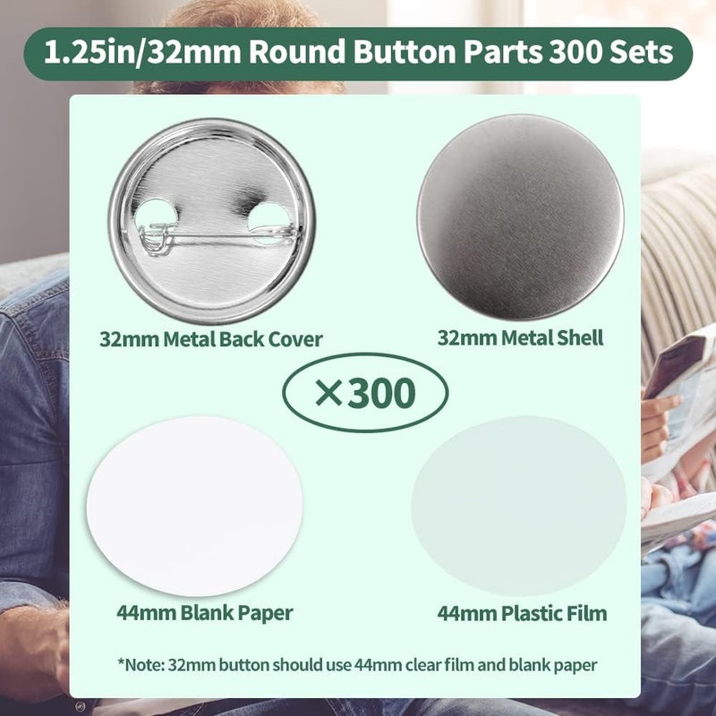 Mostme 300 Sets 1.25 inch Button Maker Supplies, 32mm Button Supplies Parts Badge Part, Buttons Making Supplies, Includes Metal Pin Back Cover, Metal Shells, Blank Paper&Clear Film - Image 2